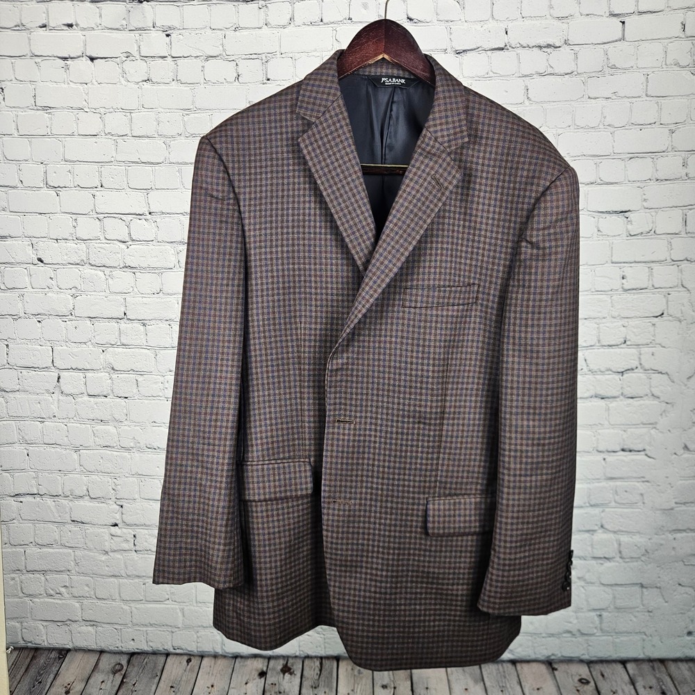 Jos A Bank Traveler Mens 43R Blazer Brown Blue Check 100% Wool Sport Coat 43 Reg